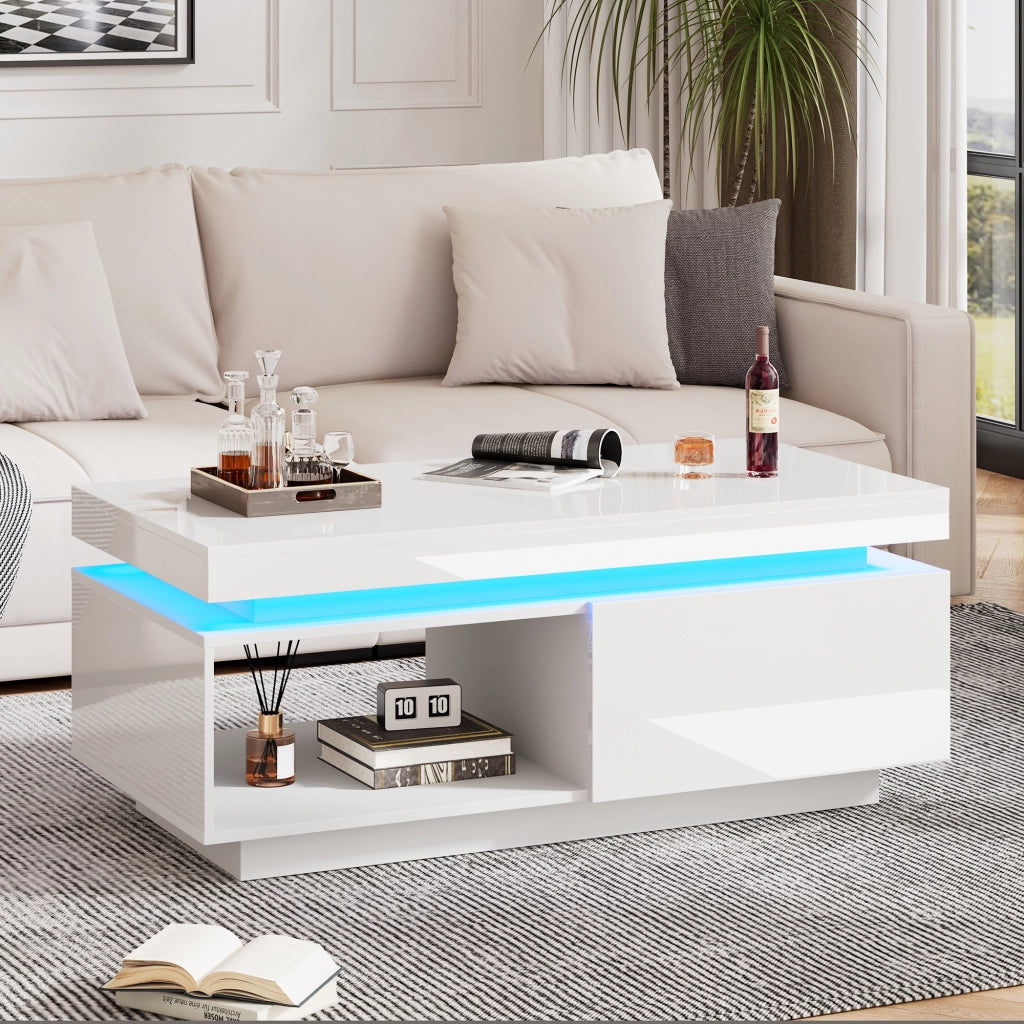 Tavolino da caffè con 1 Cassetto e LED; Finitura Lucida; per Soggiorno; in Truciolare; Bianco