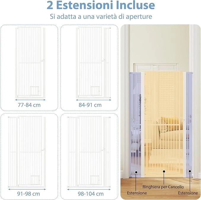 Porta per Animali Domestici Extra Alta, Cancello per Gatti in Metallo Pesante con Apertura da 77-104 cm, 2 Kit di Estensione, Porta Facilmente Percorribile per Cucina Porta