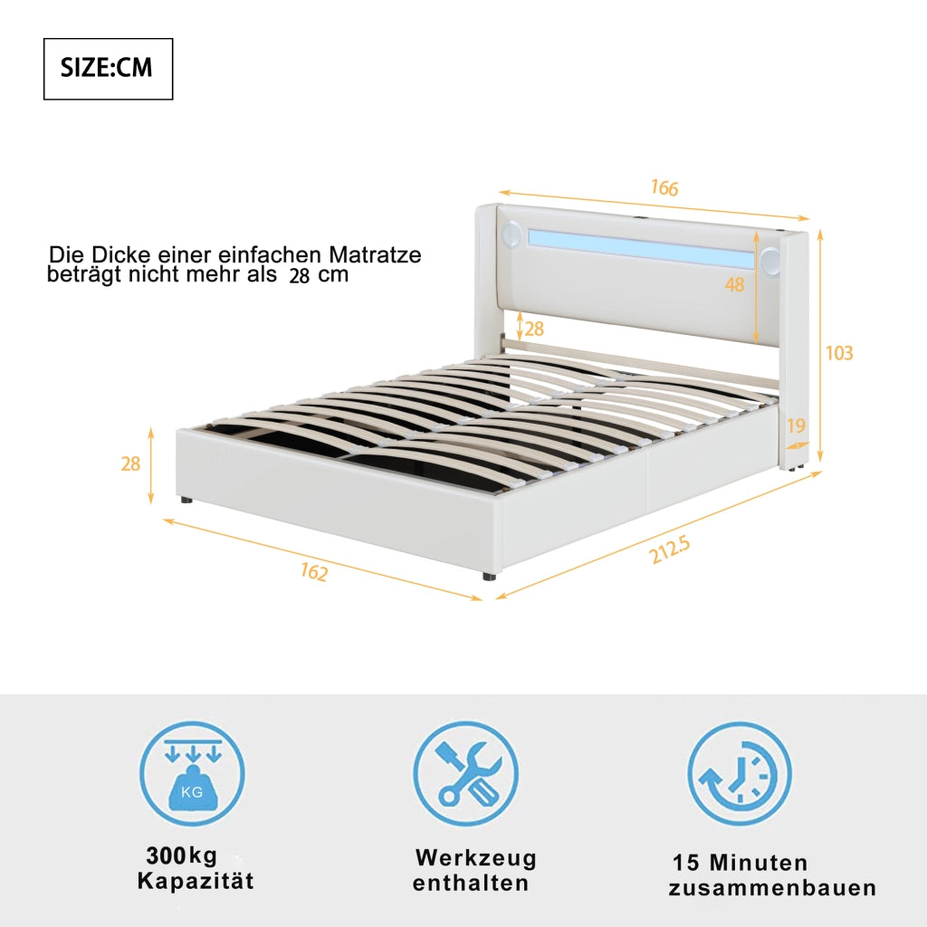 OKWISH Letto Contenitore 160×200 cm, Letto Matrimoniale con LED, Bluetooth, USB e Tipo C, senza Materasso, in Ecopelle, Bianco