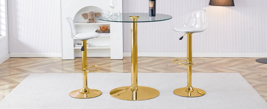 Set Bar Tavolo in Vetro Temperato 89 cm + 2 Sgabelli ¨C Xylo ¨C Gambe Dorate, Altezza Regolabile