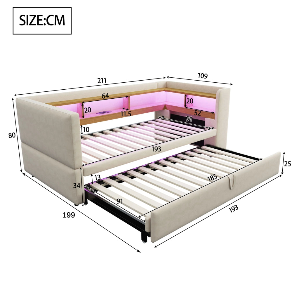 Divano letto imbottito multifunzione con vani contenitore, LED, prese e struttura in metallo, beige, 90/180 x 190 cm