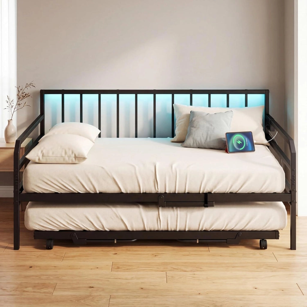Struttura per divano letto estensibile a 2 posti, 90 x 200 cm, letto estraibile in metallo con luci a LED, stazione di ricarica, doghe resistenti, per soggiorno, camera da letto