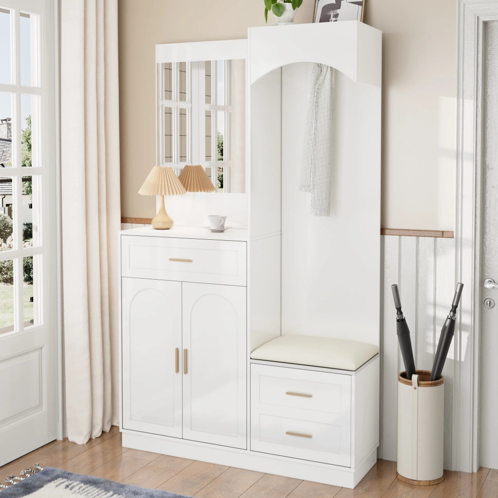 Mobile d'Ingresso con Specchio; 2 Ante; 2 Cassetti e Ripiani Regolabili; Stile Moderno; in MDF; Bianco; 110??33??185;5 cm