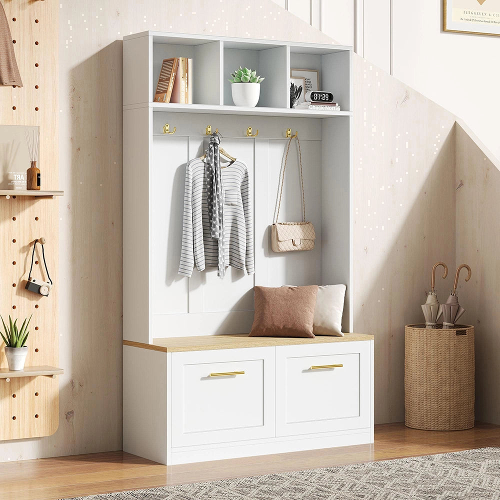 Vestiaire con panchina - Xylo - 105¡Á40¡Á180 cm - Naturale e bianco - 4 ganci e 2 porte