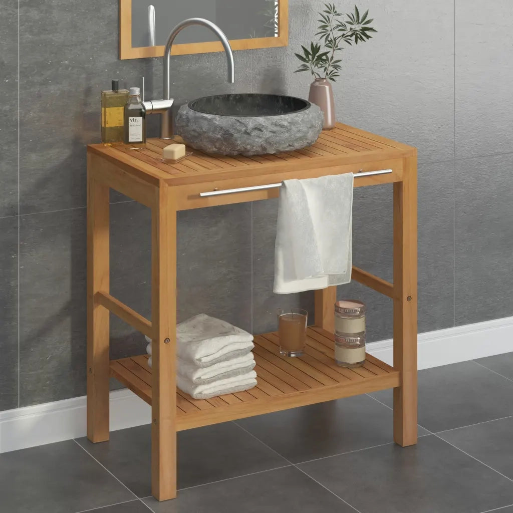 Armadietto da Bagno in Legno di Teak con Lavabo in Marmo Nero