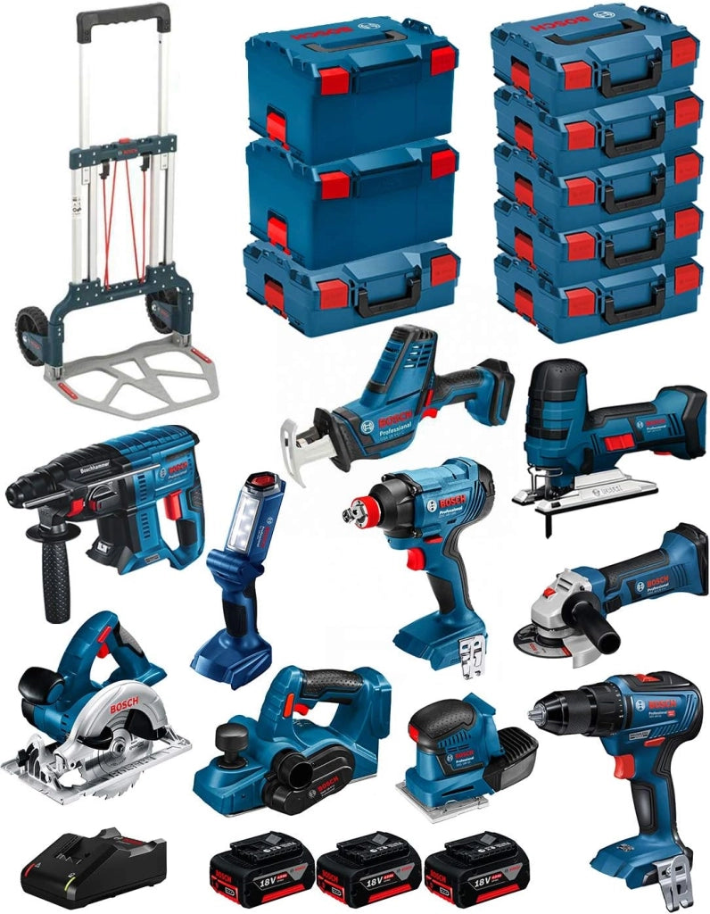 BOSCH Kit 18V BK1001 (GST 18V-LI S+ GKS 18V-LI+ GBH 18V-21+ GWS 18-125V-LI+ GSR 18V-55+ GSA 18V-LI C+ GDX 18V-180+ GLI 18V-300+ GHO 18V-LI+GSS 18V-10+3 Batteries 4,0Ah+Caricabatterie+8xL-Boxx+Caddy)