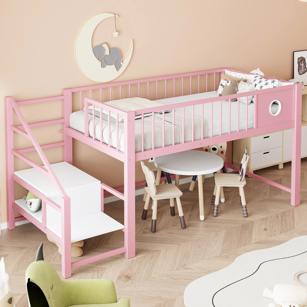 Letto a soppalco basso per bambini e adolescenti 90 × 200 cm con scala contenitore, senza materasso, in metallo, rosa
