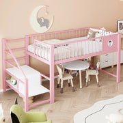 Letto a soppalco basso per bambini e adolescenti 90 × 200 cm con scala contenitore, senza materasso, in metallo, rosa
