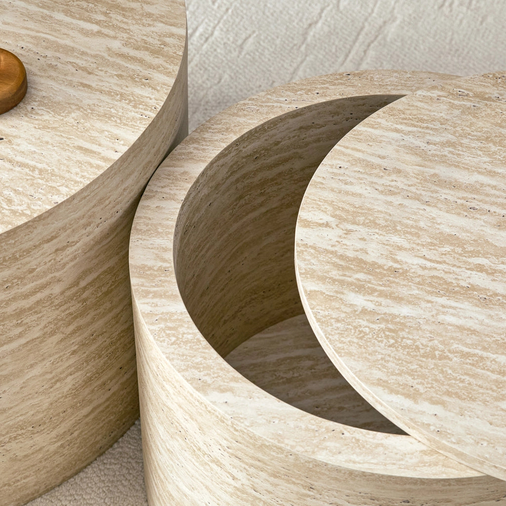 Set di 2 tavolini rotondi impilabili con spazio contenitore, effetto legno, MDF, per salotto