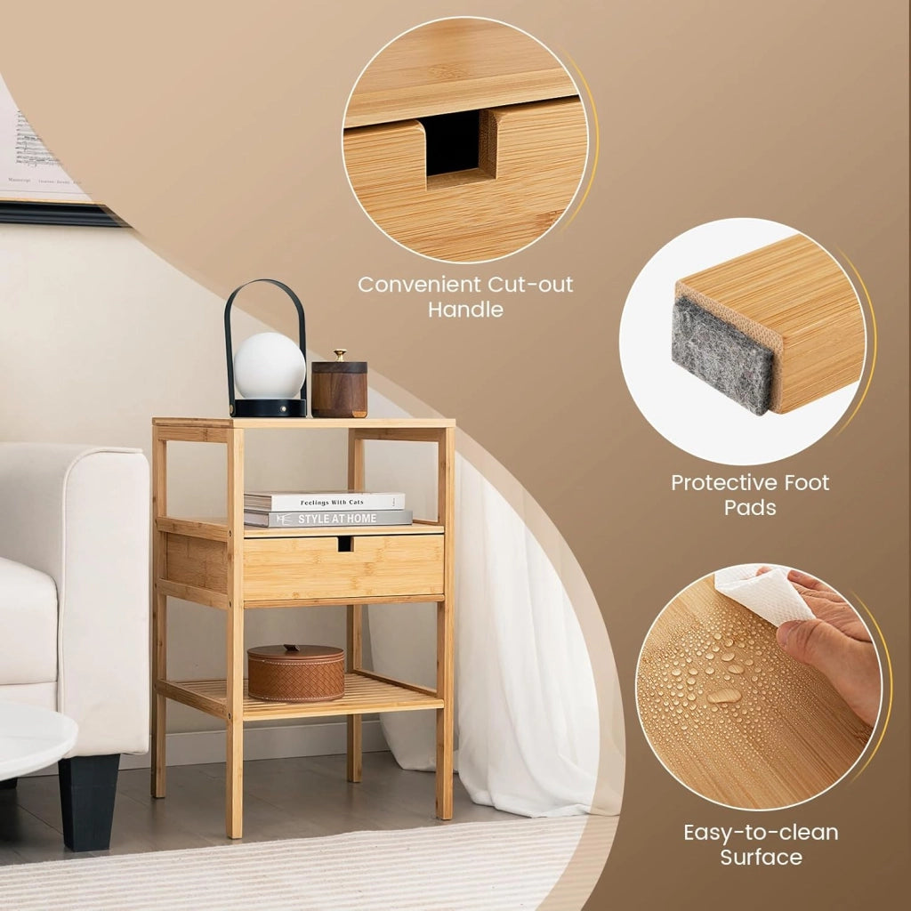 Comodino in bambù, comodino con cassetti e ripiani, comodino da letto, con estremità del divano semplice moderno a 3 livelli, tavolino multiuso per soggiorno, camera da letto, ufficio, 40 x 40