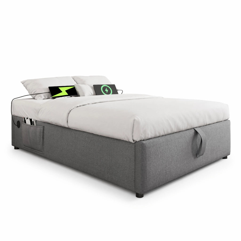 Letto contenitore imbottito con USB e Type-C, struttura stabile e vano salvaspazio