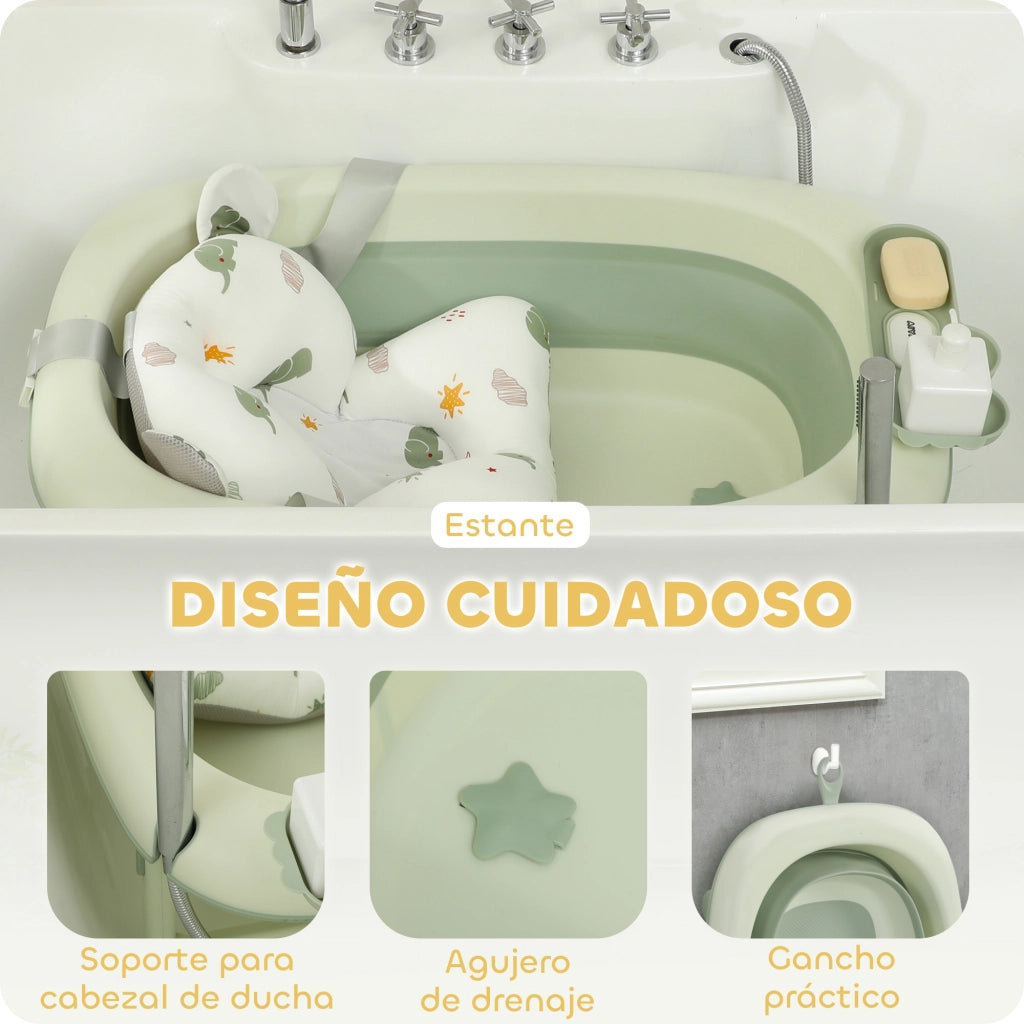 Vasca da bagno pieghevole per neonati ¨C zephmum ¨C verde con cuscino e ripiano