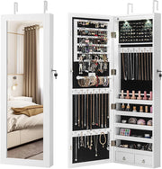 Armadio per Gioielli con 2 luci LED, con Specchio a Figura, Organizer Montato al Muro con Ganci Regolabili per Appendere, Armadio Portagioie per Truccarsi (Bianco)