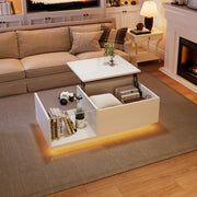 Tavolino basso sollevabile con LED, vano nascosto e ripiano aperto, per soggiorno, bianco, 100 × 50 × 33 cm