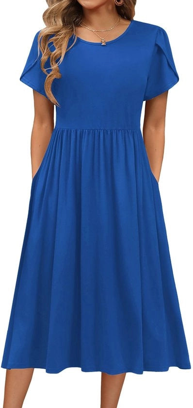 Abito Elegante Midi - Maniche Corte - Abito da Giorno Estivo - Abito a Svaso - Lunghezza Knielang - Con Tasche - Respira e Leggero