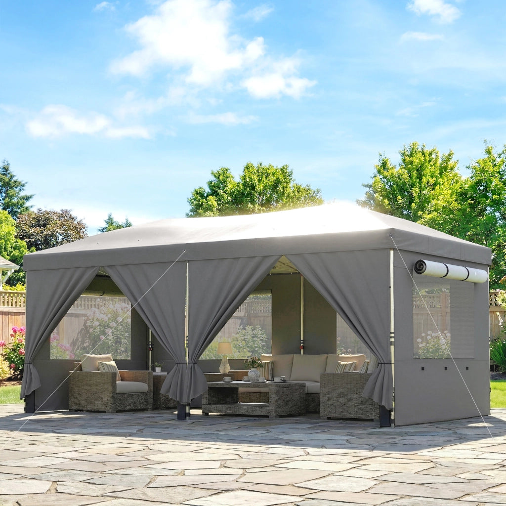 Gazebo Pieghevole 3x6 m con 6 Pareti Laterali, Sacchi e Picchetti, in Metallo e Tessuto Oxford, Grigio Scuro