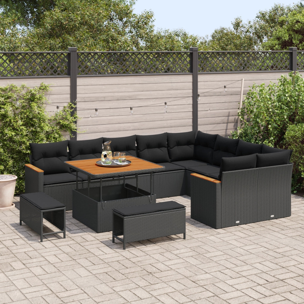 Set di divano da giardino  in 12 pezzi con cuscini in polyrattan nero di acacia