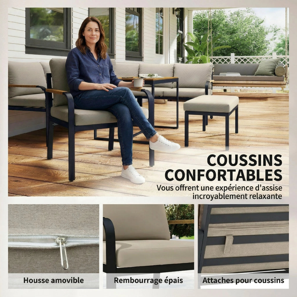 Set Giardino 7 Pezzi Divano Angolare Esterno con Tavolo e Pouf ¨C zephmum ¨C Beige e Grigio