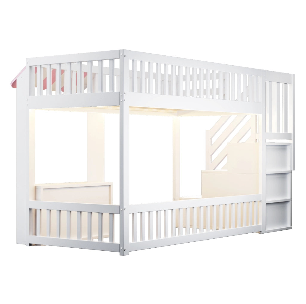Letto a soppalco ULEVR 90x200 cm con scala a 3 vani, mobili contenitore e LED multicolore, rosa e bianco