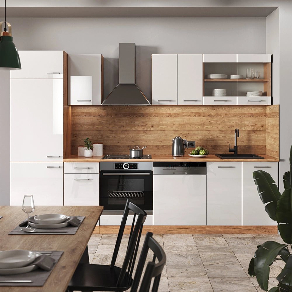 Vicco Cucina componibile Bianco lucido/oro power oak 300 cm , PL Marmo
