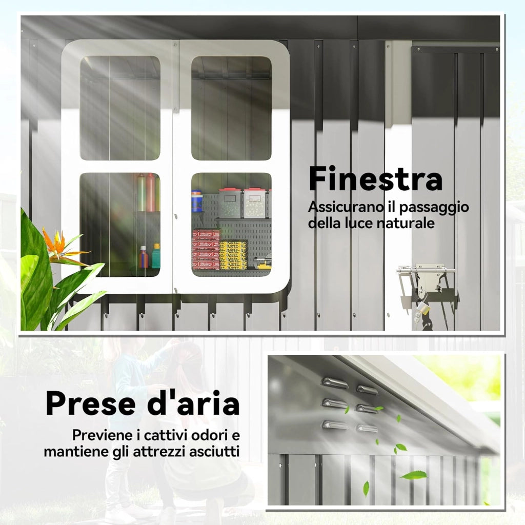 Casetta da Giardino Porta Attrezzi in Lamiera Acciaio Zincato, 2.55m² Capanno da Giardino con Porta Blocco Tetto Inclinato, Capannone per Prato, Patio, Cortile, Esterno, 221x133x190cm, Grigio