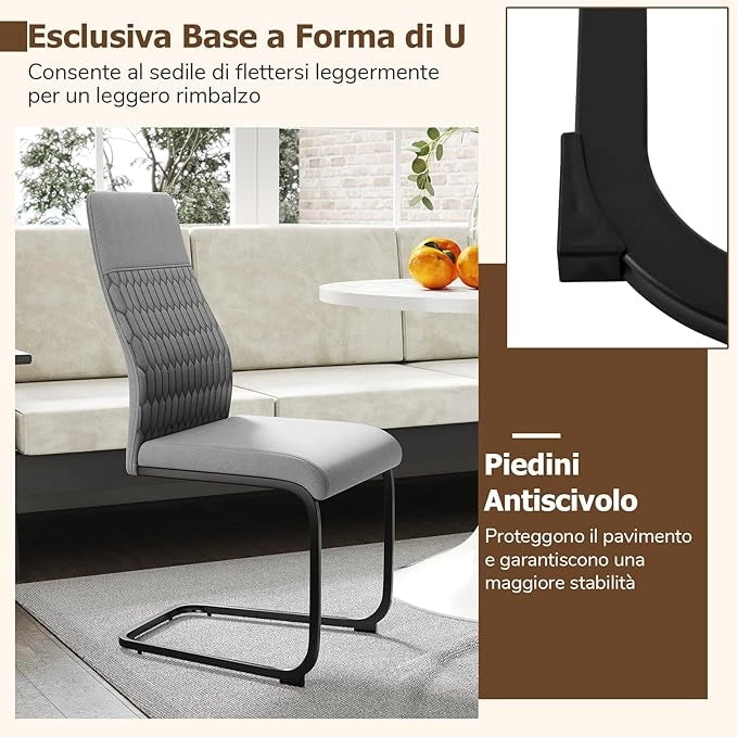 Set di Sedie da Pranzo da 4, Sedia Ergonomica da Cucina Senza Braccioli con Schienale Alto Inclinabile, Base in Metallo a Forma di U e Cuscinetti Antiscivolo, Portata 150 kg, per Interno