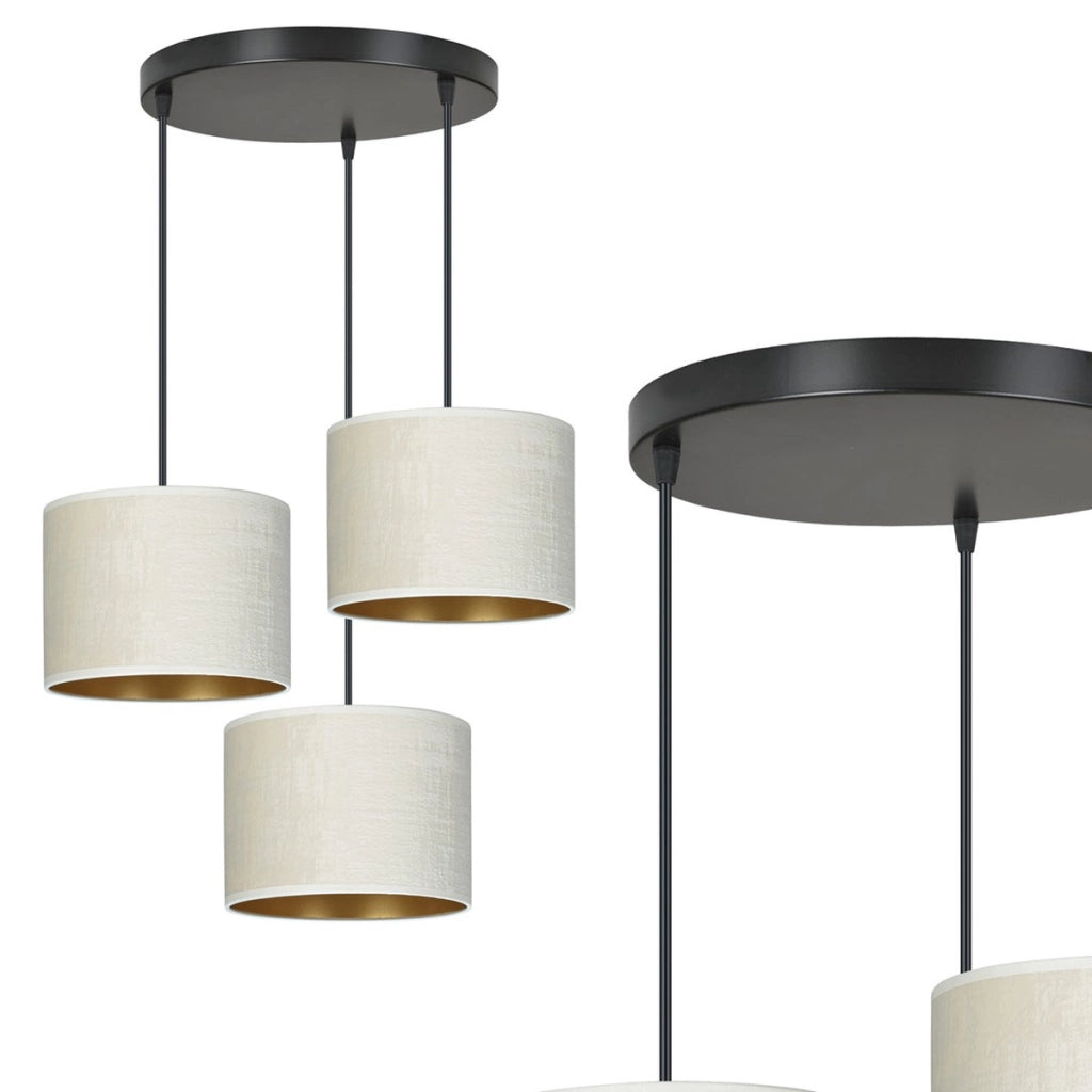 Lampada a sospensione Hilde con tre paralumi in velluto bianco e oro