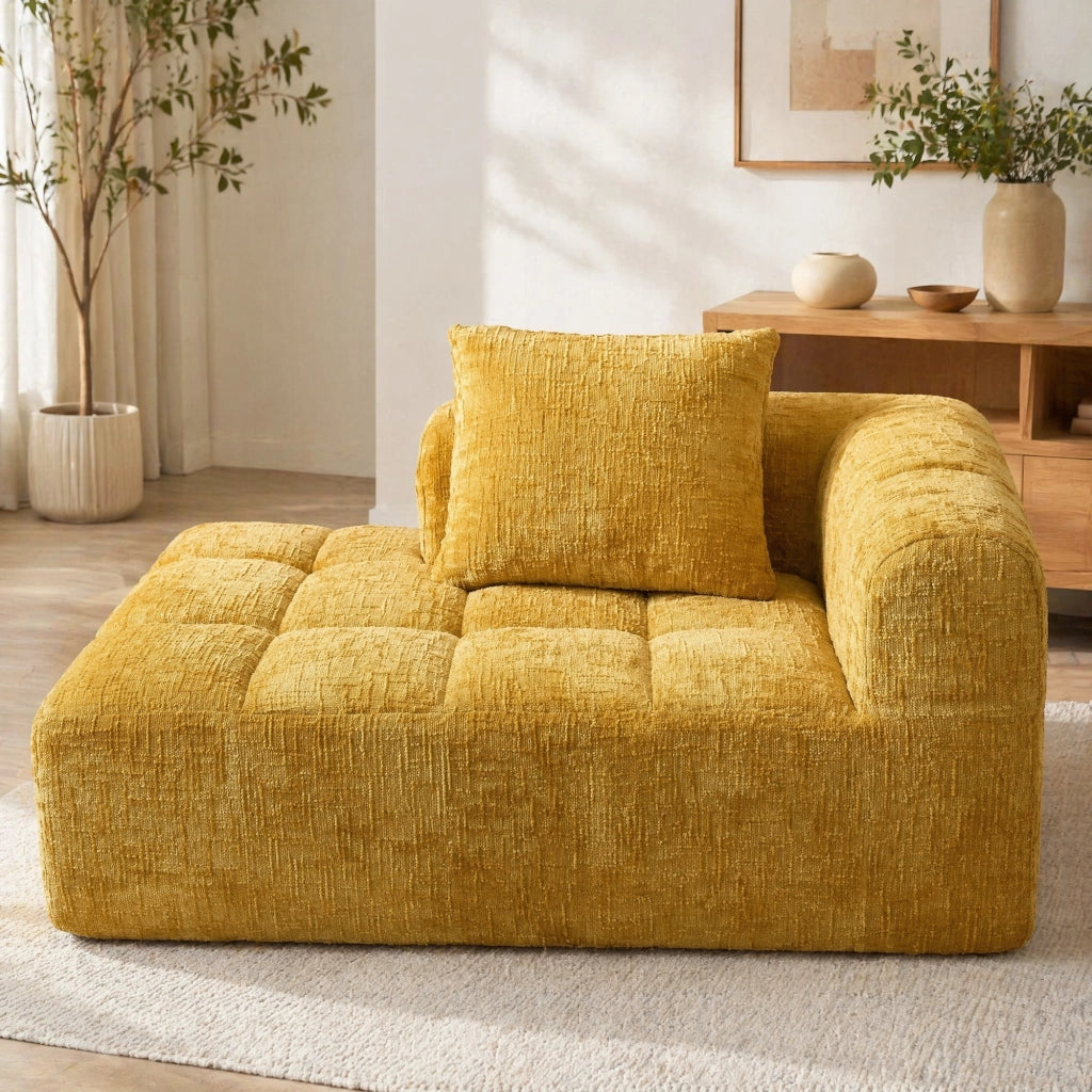 Divano chaise longue imbottito in ciniglia giallo con cuscino e tasche laterali 158 × 90 × 60 cm