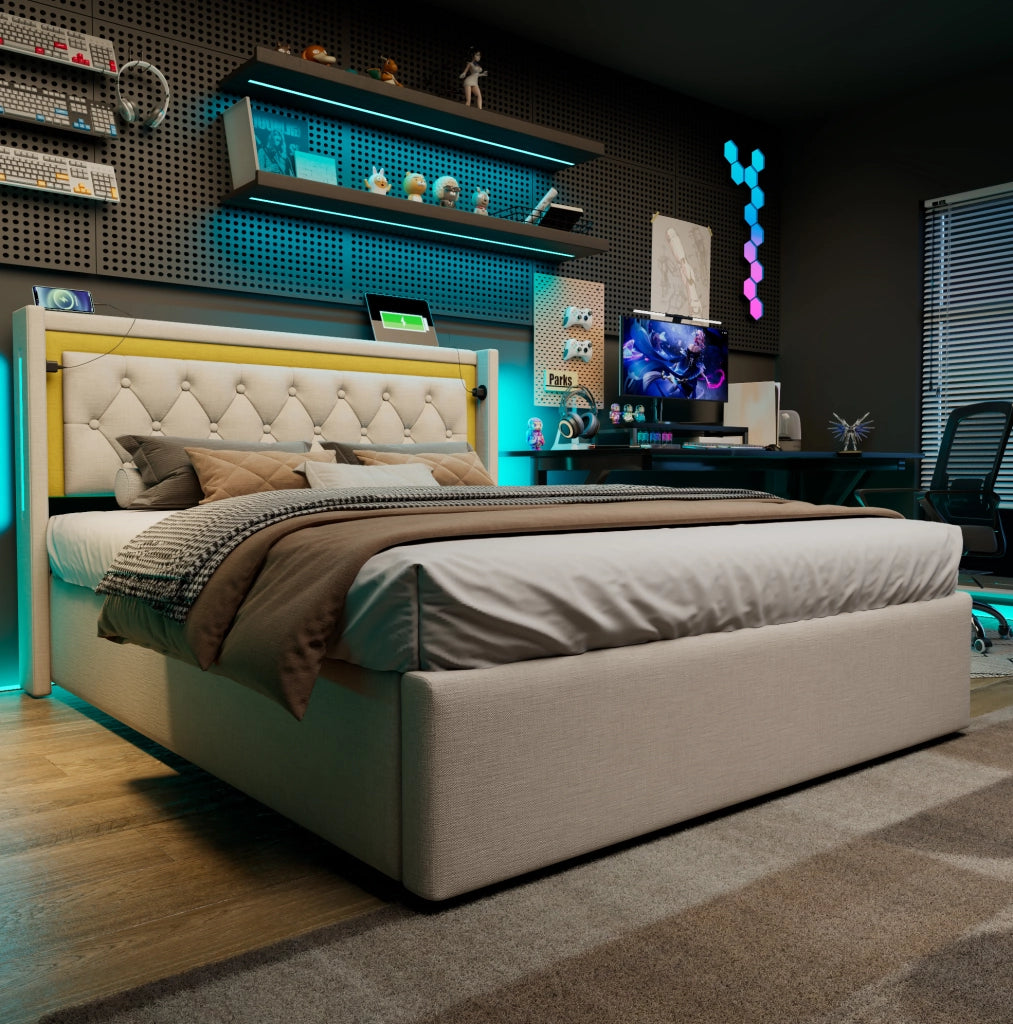 Letto contenitore 140x200 cm con LED, USB e USB-C, beige