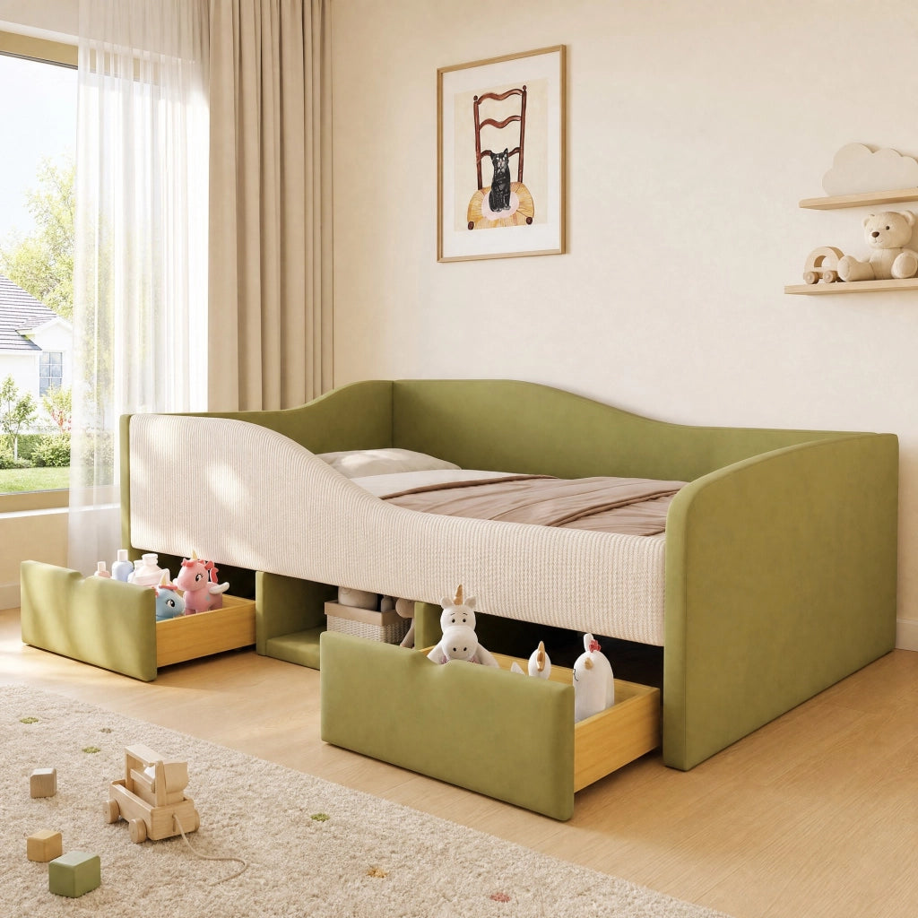 Letto per bambini imbottito 90x190 cm con 2 cassetti; vano portaoggetti e protezioni; verde e avorio