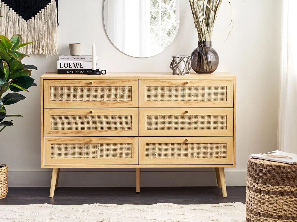 Cassettiera con 6 cassetti in rattan in colore marrone chiaro stile boho soggiorno camera da letto