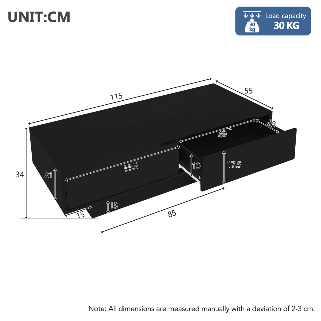 TAVOLINO da caffè 115x55x34 cm nero lucido con 2 cassetti e LED
