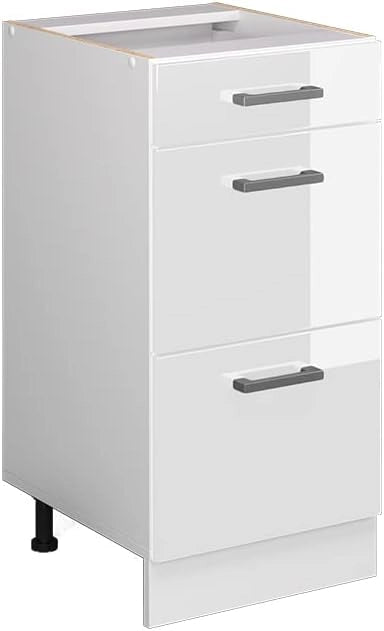 Mobiletto base per cucina R-Line, Bianco lucido, 40 cm con cassetti, senza piano di lavoro, per la libera combinazione all'interno di sistemi cucina modulari