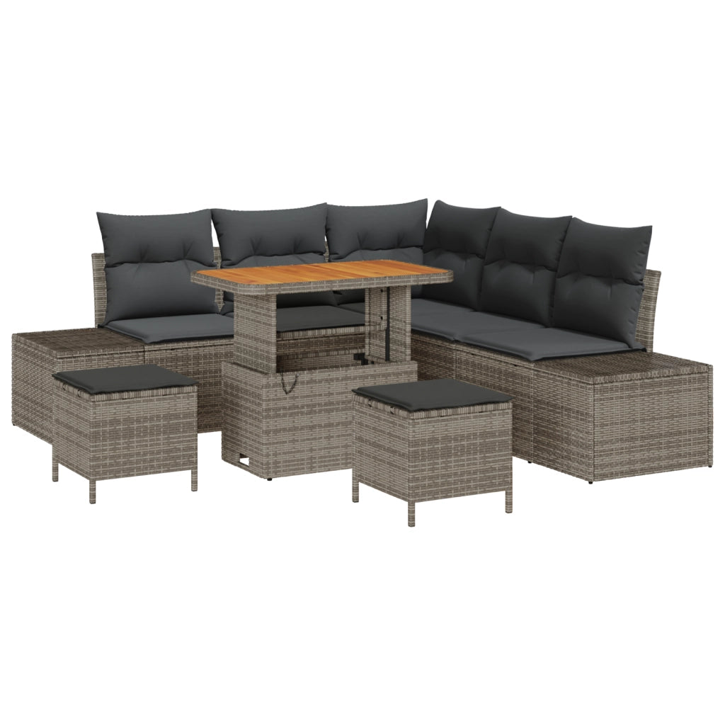 Set divani giardino  a 8 pezzi con cuscini grigi in polyrattan e acacia