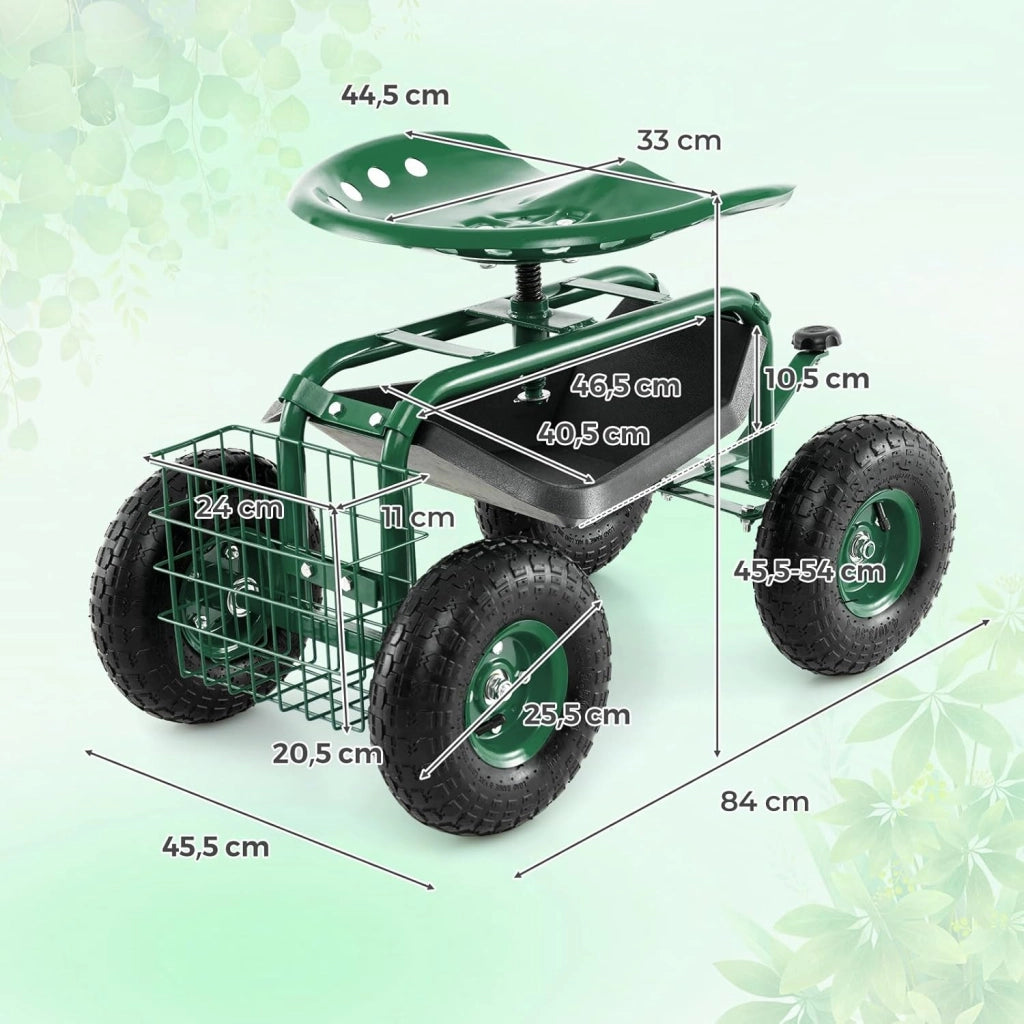 Sgabello per Giardinaggio con Ruote, Sedile da Giardino Regolabile in Altezza con Manico Estensibile, Cesto Portaoggetti, 2 Vassoi e 4 Ruote in Gomma (82,5 x 45,5 x 45,5-54,5 cm)