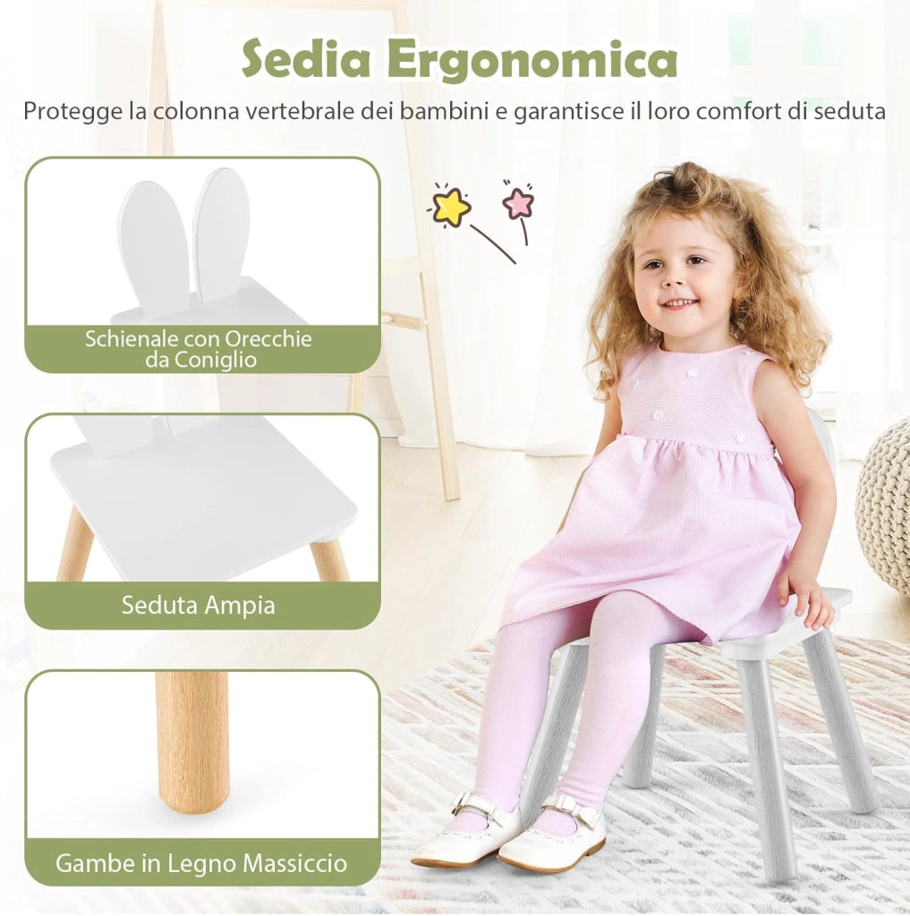 Set Tavolo e 2 Sedie per Bambini 3-6 Anni, Sedie Ergonomiche in Legno con Schienali a Forma di Orecchie di Coniglio, Portata 40kg, Salvaspazio, Ideale per Gioco e Disegno (Bianco)