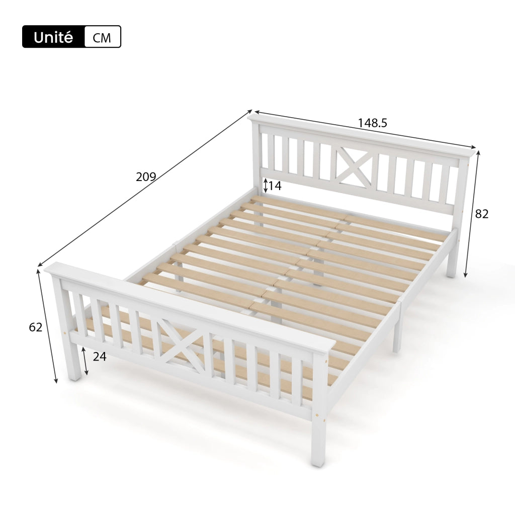 Letto Matrimoniale 140 x 200 cm con Testiera a X e Doghe Integrate; senza Materasso; in Legno Massello; Bianco