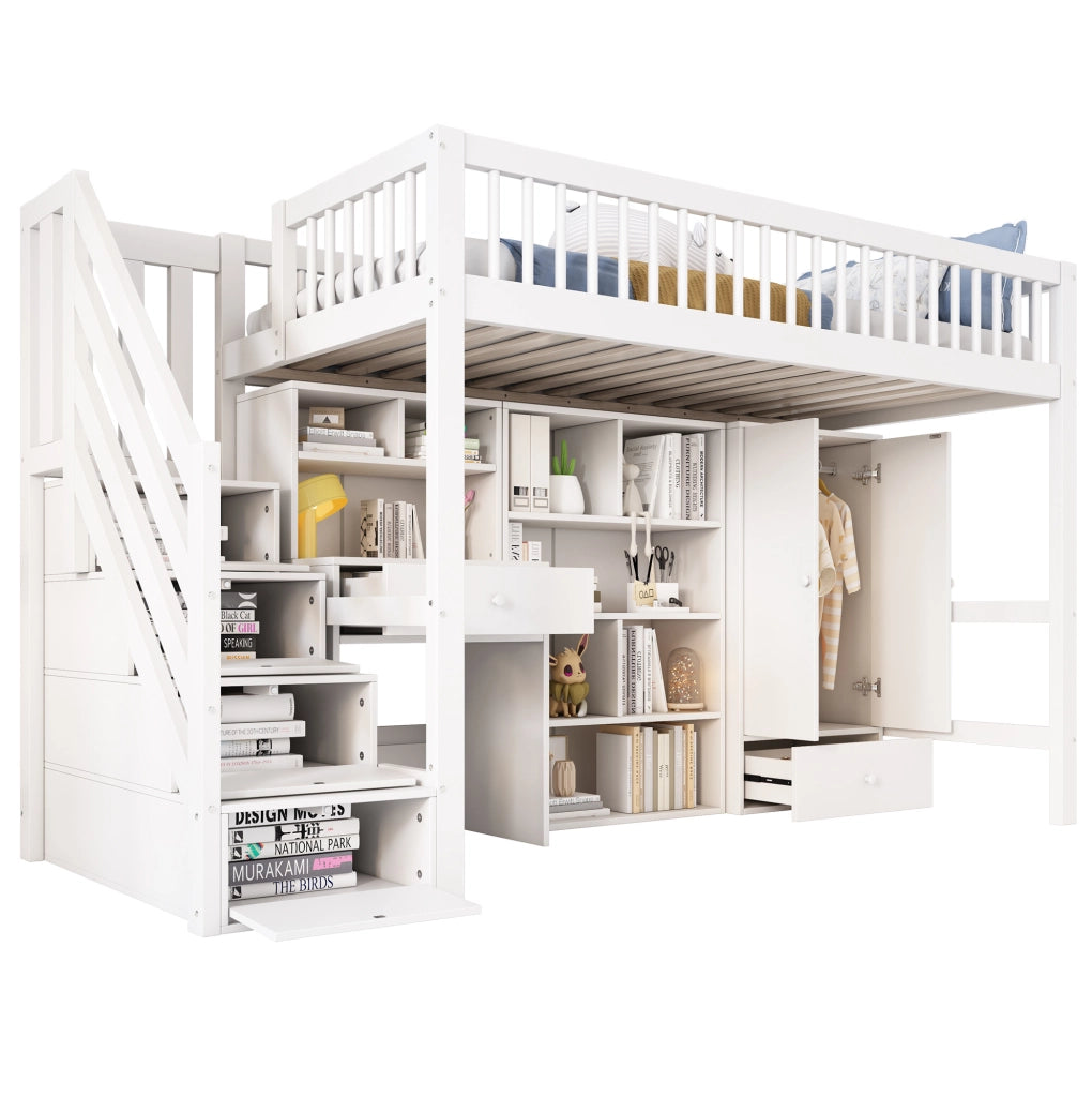 Letto per bambini multifunzionale 90x200 cm bianco in legno massiccio e MDF; con scrivania e vani contenitori
