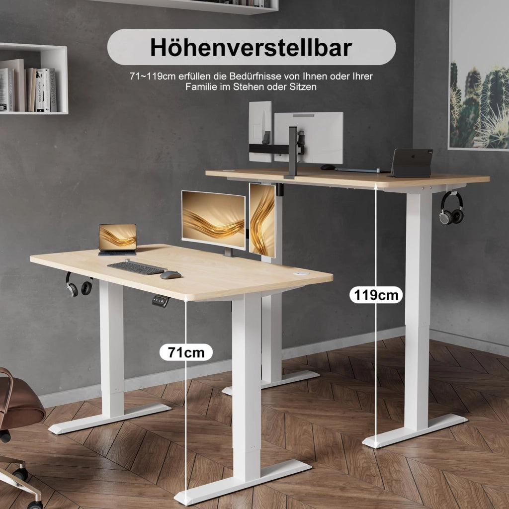 Scrivania regolabile in altezza, 120 x 60 cm, con vaschetta per cavi, altezza elettrica, stabile, scrivania per computer, memoria a 2 funzioni, seduta ergonomica in acero