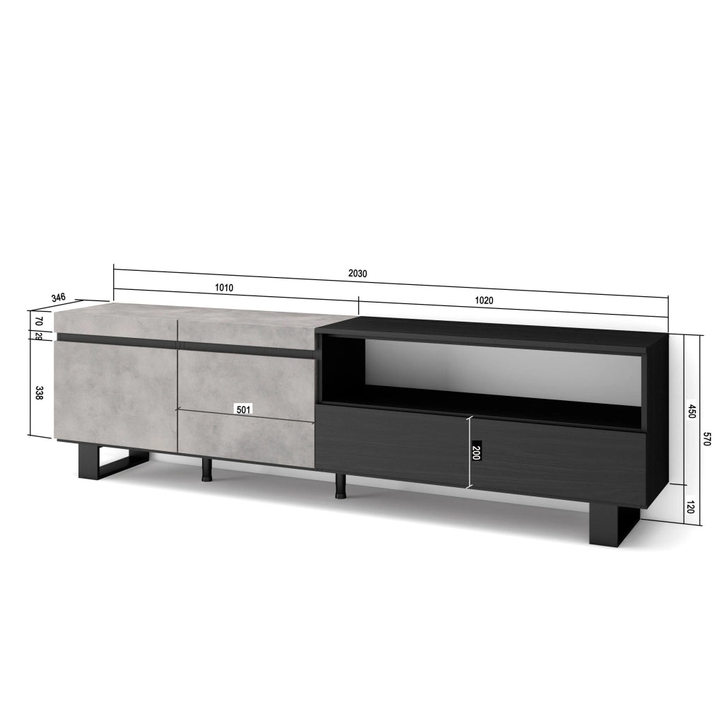 Mobile TV, 200x35x57cm, soggiorno, Per TV fino a 80", Design industriale, grigio cemento RF2245