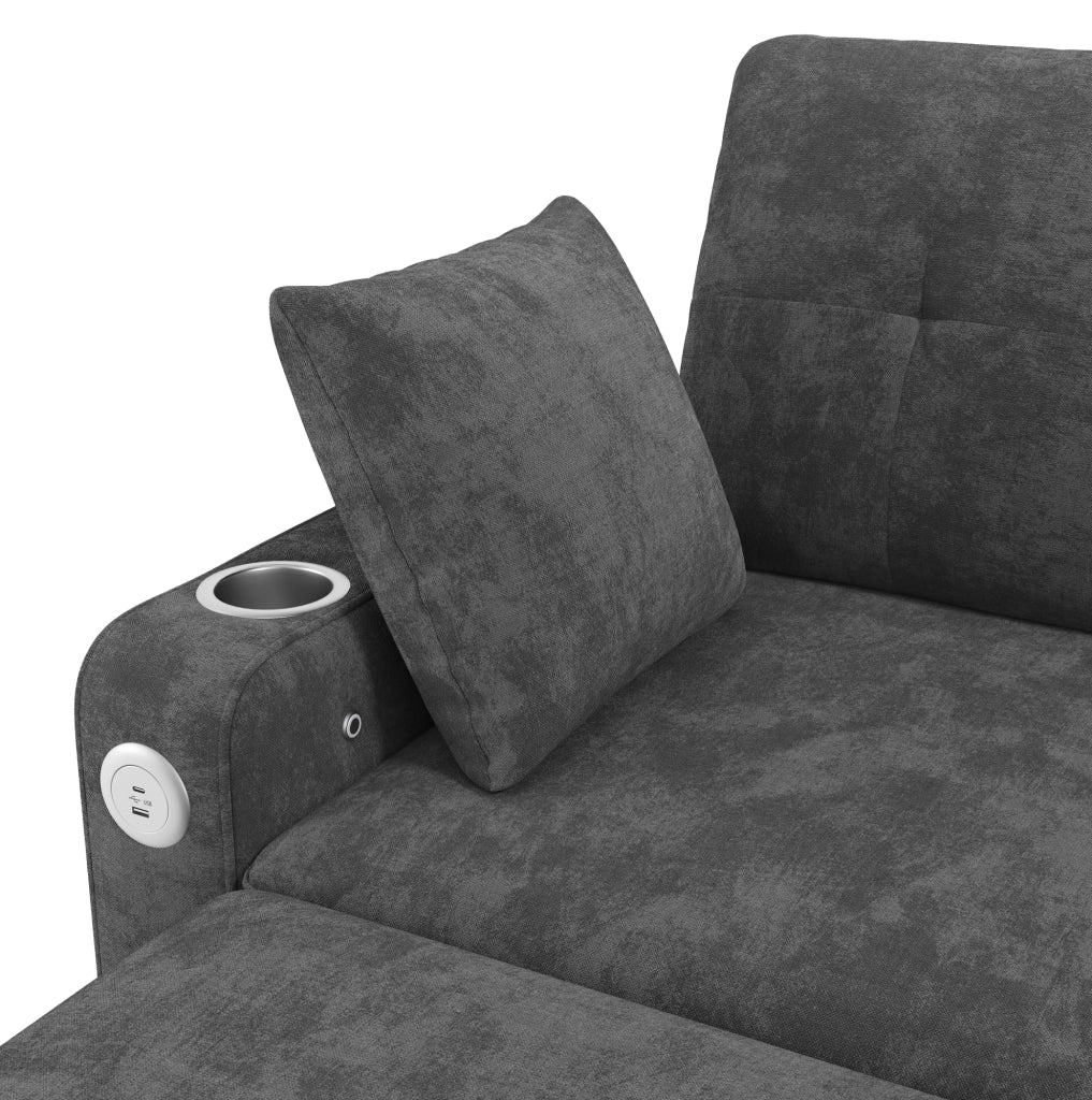 Divano letto estraibile 2 posti con LED; USB e Type-C; portabevande; ciniglia grigio