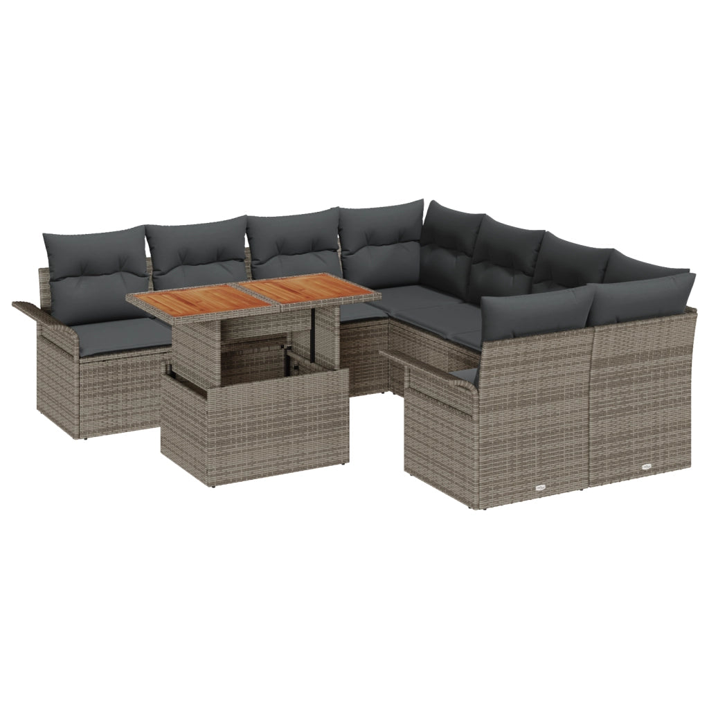 Set da giardino 9 pezzi con cuscini grigio in rattan sintetico e acacia