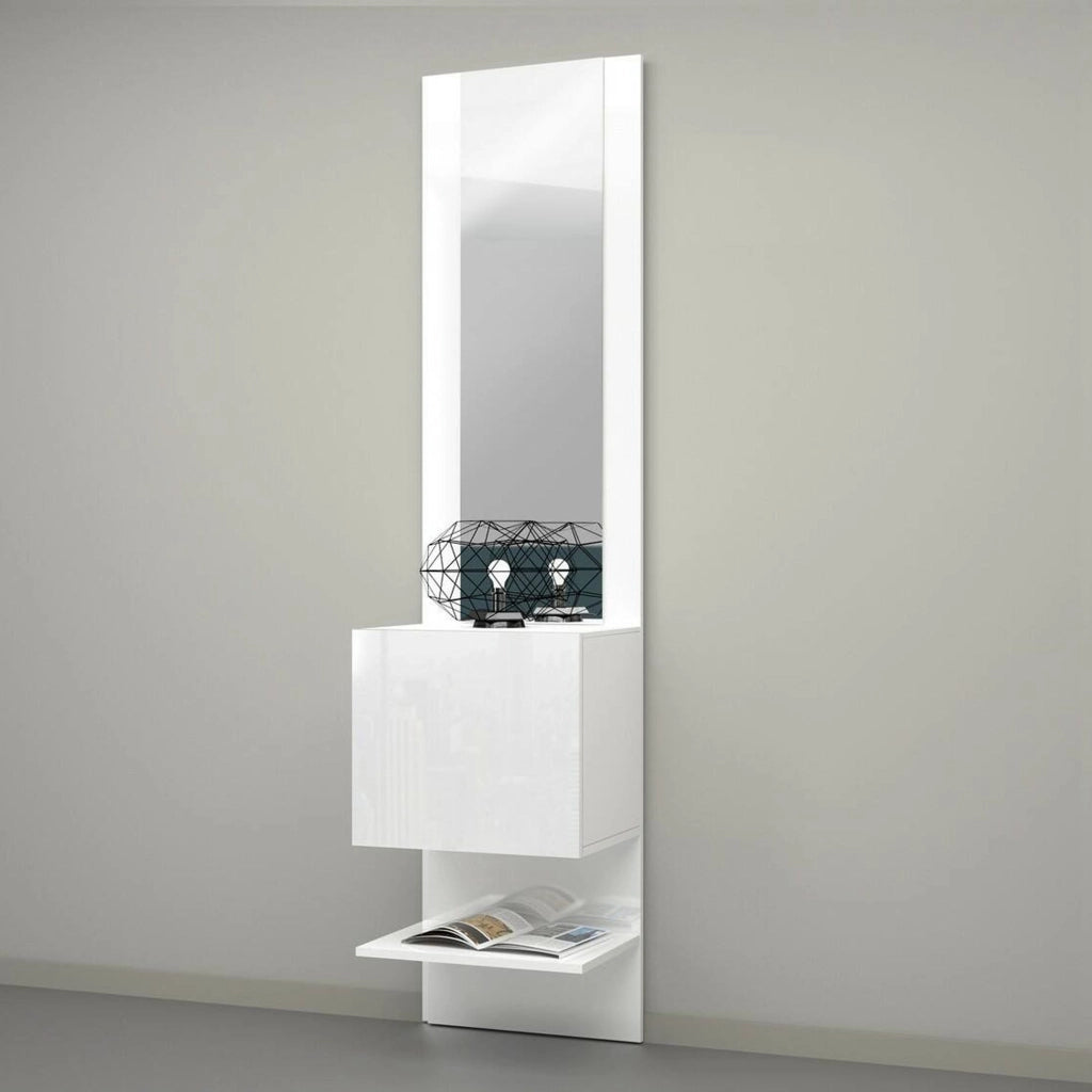 Mobile da ingresso Ivana, Armadietto multifunzione con specchio, Scarpiera a 1 anta, 45x35h190 cm, Bianco