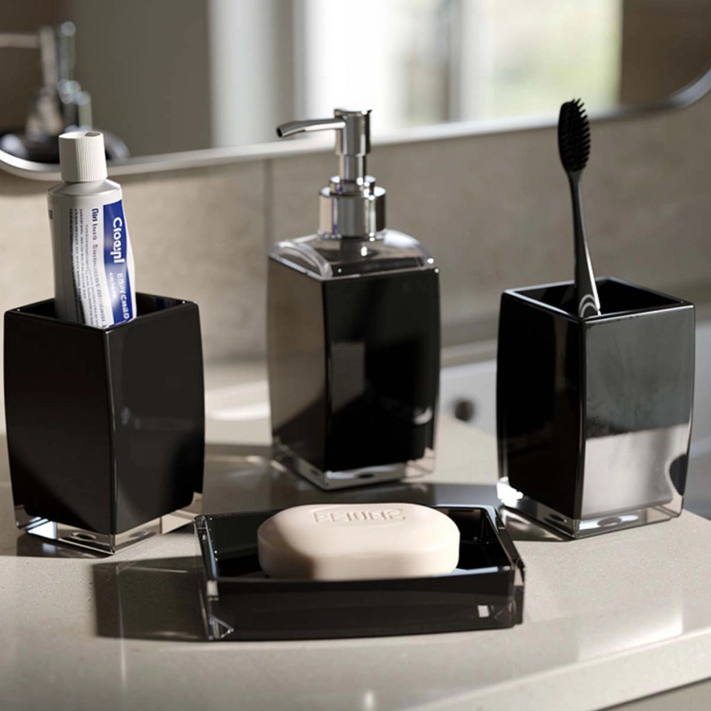 Set accessori Bagno 4 pezzi Dispenser di sapone, bicchiere e portasapone Nero Avizar