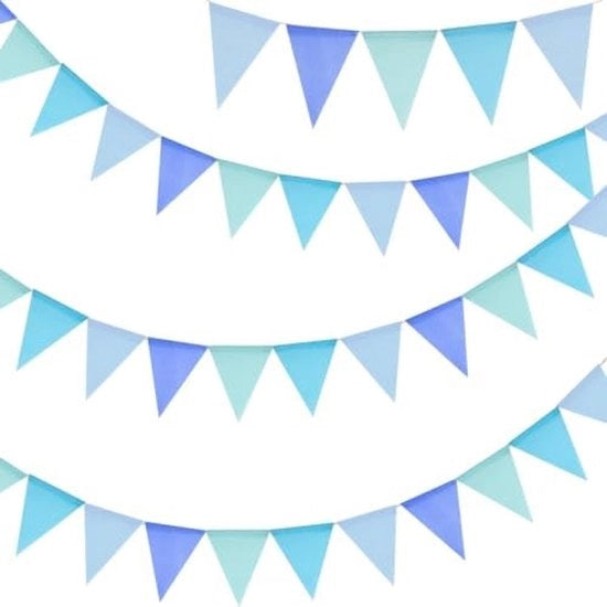 Vettore da giardino blu, 12 metri, resistente all'acqua, con 36 bandierine, set di 3 vettori in juta per festa, compleanno, nursery