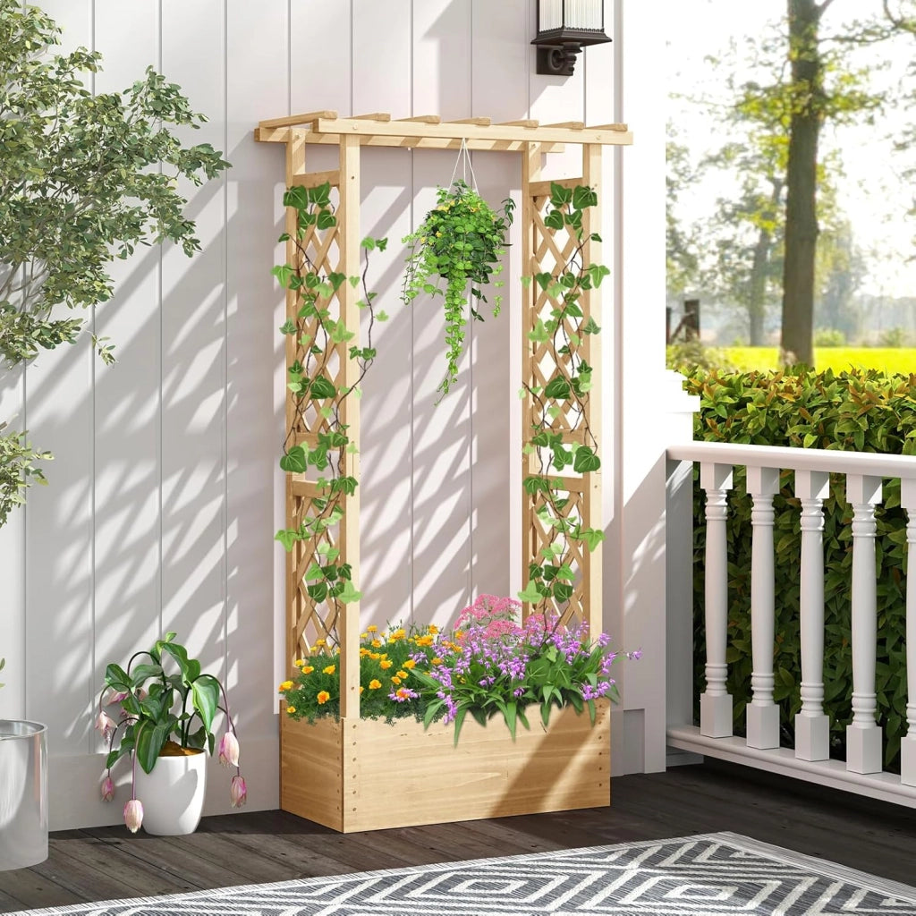 Letto da Giardino Rialzato con Traliccio, Fioriera Rialzata in Legno con Tetto Pendente, Fori di Drenaggio per Piante Rampicanti, Fiori e Verdure (Naturale)