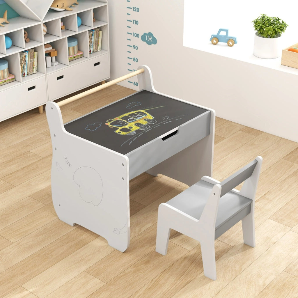 Set tavolo e sedia per bambini con piano rimovibile 2-in-1, Set scrivania in legno con spazio di archiviazione Grigio e Bianco-Tavoli e sedie