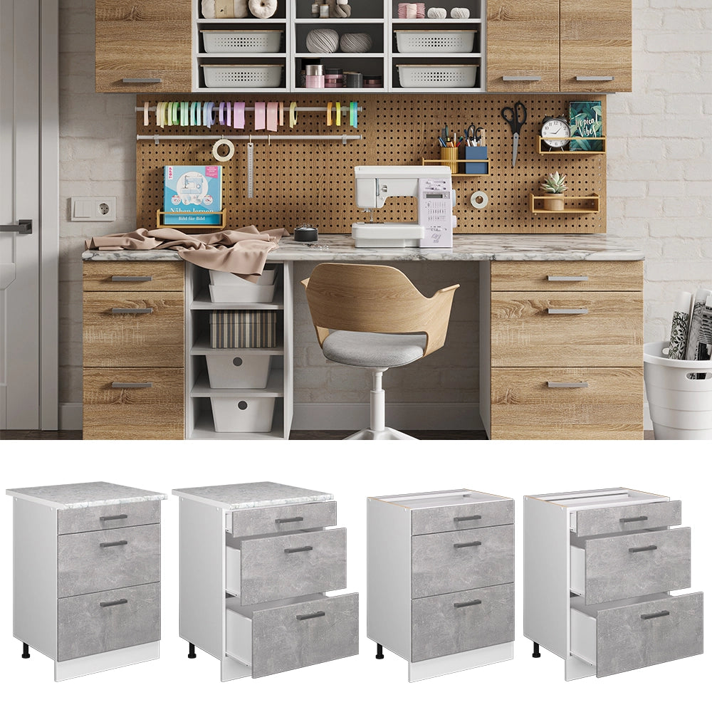 Vicco Base universale Calcestruzzo 60 cm con cassetti, senza piano di lavoro