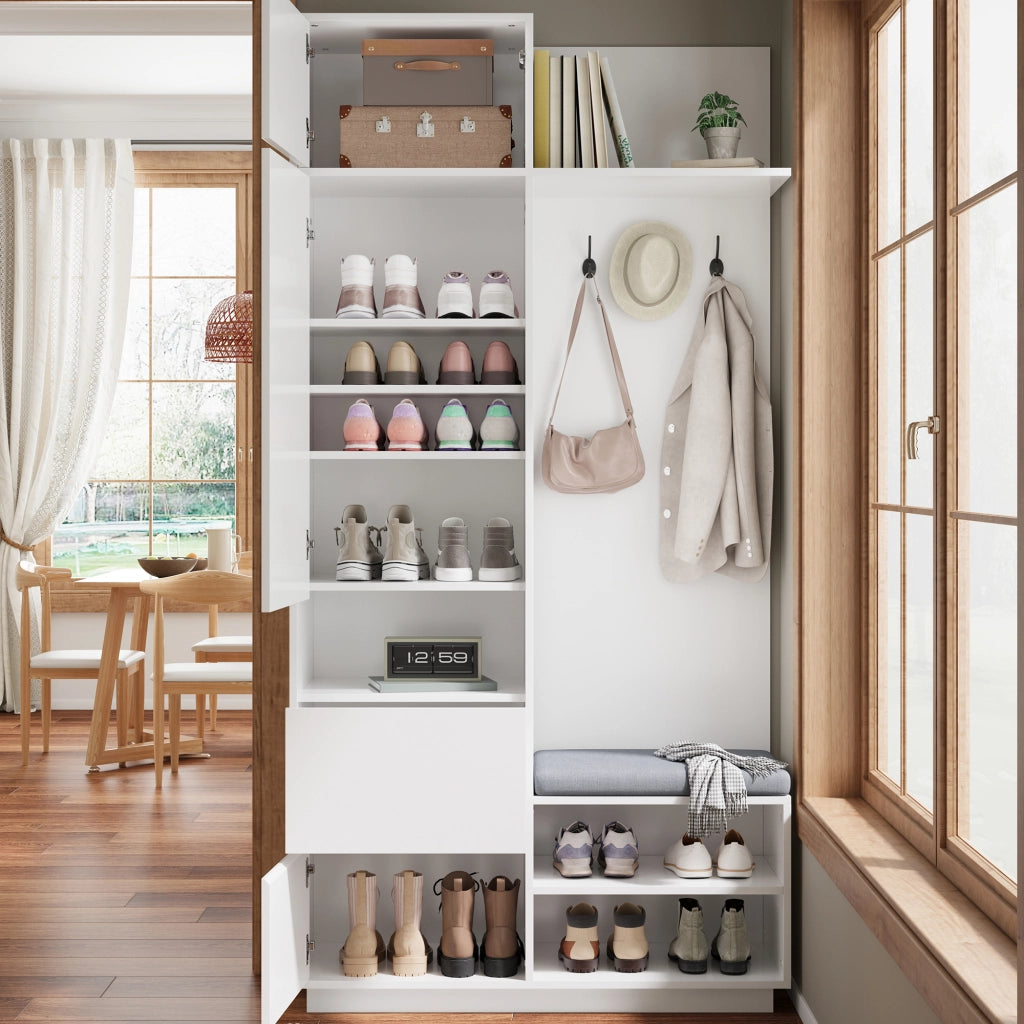 Mobile Ingresso con Specchio e Panca; Scarpiera con Ganci; Cassetti e Ripiani; Stile Moderno; in MDF; Bianco; 90??34;5??190 cm