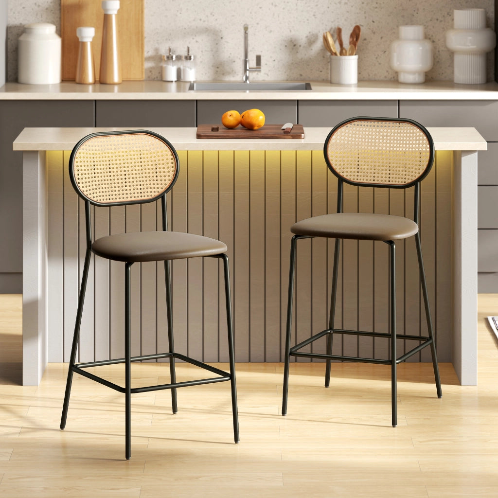 Sgabello da Bar con Schienale in Rattan e Poggiapiedi ¨C Zephmum ¨C Marrone